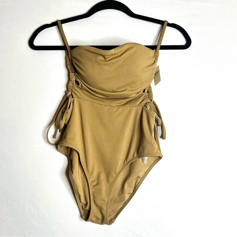 NWT Aerie Pique Lace-Up Bandeau One Piece Swimsuit Gold Tan Sz S Full Coverage